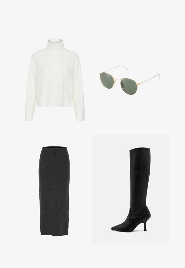 Weißer gestrickter Rollkragenpullover mit weichem, strukturiertem Finish, cropped Design und langen Ärmeln. Gleichmäßig verteilte Rippenstruktur über das gesamte Gewebe.; Strick-Bleistiftrock in Dunkelgrau, knielang mit taillierter Form, glatter Textur und elastischem Bund für mehr Komfort.; Stuart Weitzman Stiefel - black; Sonnenbrille mit goldfarbenem Metallrahmen und grünen Gläsern, runder Form, dünnen Bügeln und weißen Kunststoffakzenten an den Enden der Bügel.