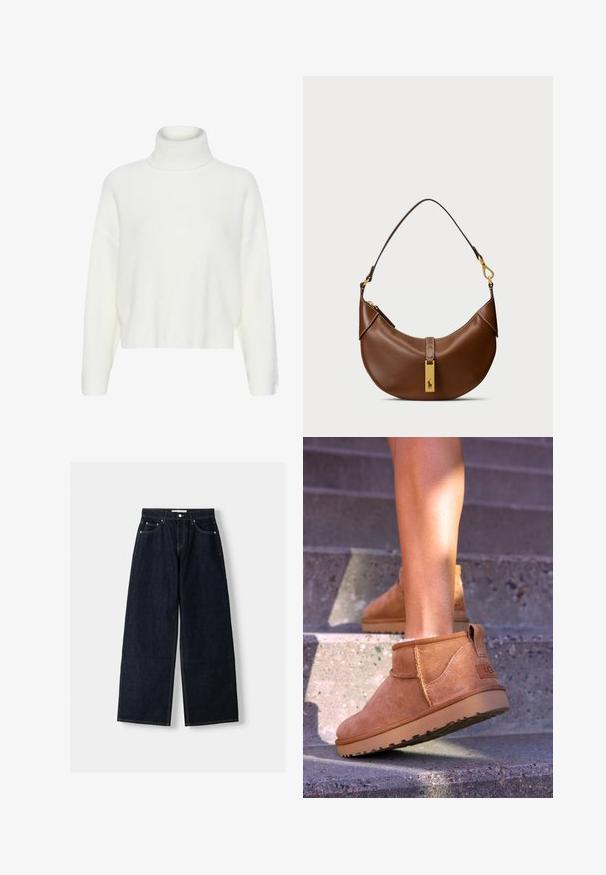 Vit stickad höghalssweater med en mjuk, strukturerad yta, kort design och långa ärmar. Jämnt fördelad ribbing genom hela plagget.; Mörkblå denim med vida ben och hög midja, fem fickor, kontrastsömmar och silverfärgad metalldetaljer. Slät textur och ren finish.; Tan mockasiner med en mjuk textur, sömnadsdetaljer och en gummisula, med en öglad häl för enkel påtagning.; Brun läderaxelväska med bågform, guldfärgad hårdvara, detaljer med öppen stängning och en logotypaccent. Slät textur med sydda kanter.