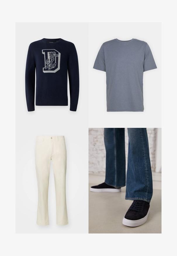 Mornarsko moder pleten pulover s krožnim ovratnikom, na sprednji strani z velikim sivim simbolom 'D' in vzorcem sidra, rebrasti manšeti in roba.; Siv majica s kratkimi rokavi in okroglo ovratnikom, izdelana iz mehkega bombažnega blaga. Preprost dizajn, brez vzorcev ali dodatkov.; Bež hlače iz bombaža s ravnim krojem, z zapiranjem na gumb in stranskim žepom. Gladka tekstura in preprost slog.; Temno modri semiš športni copati z belo gumijasto podplatom in vezalkami, v kombinaciji z širokimi jeans hlačami v srednje modrem pranju.