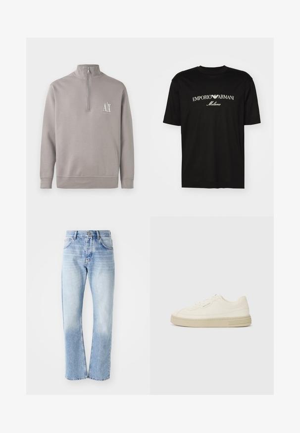 Svetlo šedý pulóver s krátkym zipsom vyrobený z jemného materiálu, s malým bielym logom na hrudi a elastickými manžetami a lemom.; Čierne bavlnené tričko s okrúhlym výstrihom, krátkymi rukávmi a bielym logom "EMPORIO ARMANI" nad textom "Milano" v zakrivenej línii.; Svetlomodré denimové džínsy s rovným strihom. Majú dizajn s piatimi vreckami, gombíkový rozpínací pás a vyblednutú textúru smerom k spodnej časti.; Biele plátenné tenisky s textúrovanou gumovou podrážkou, so šitým špičkovým krytom a logom na päte. Jednoduchý dizajn so šnurovaním.