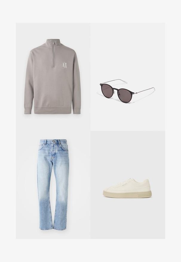 Gaišpelēks ceturtdaļas rāvējslēdzēja puloveris, kas izgatavots no mīksta materiāla, ar nelielu baltu logotipu uz krūtīm un elastīgiem piedurkņu un apakšmalas malumiem.; Gaiši zili džinsu bikses ar taisnu kāju griezumu. Ar piecu kabatu dizainu, pogu aizdari un izbalējušu tekstūru apakšā.; Baltas kanvas sporta apavi ar strukturētu gumijas zoli, ar šūtu purngalu un logotipu uz papēža. Vienkāršs auklu aizdare dizains.; Melni apaļi saulesbrilles ar tumšiem lēca un plānām metāla stangām. Iekļautas caurspīdīgas tempļu galviņas un sudraba akcenti pie eņģes. Minimalistisks dizains.