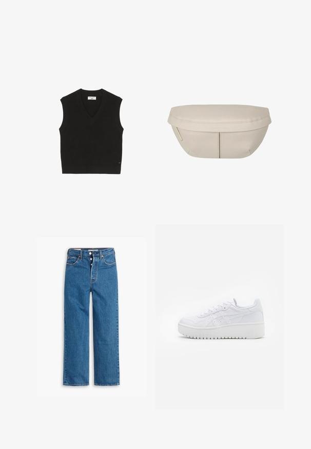 Sort strikket ærmeløs top med ribbet tekstur, V-hals design og et lille brandmærke på fronten.; Blå denim lige ben jeans med høj talje, fem lomme design og knaplukning. Markante syninger og kobberfarvede nitter.; Hvide platform sneakers med en glat læderoverflade, perforerede detaljer og flade snørebånd; har en tyk hvid gummisål.; Beige stofpung med en rund form, der har en flad top og subtile sømdetaljer. Inkluderer et minimalistisk logo og en sideløkke.