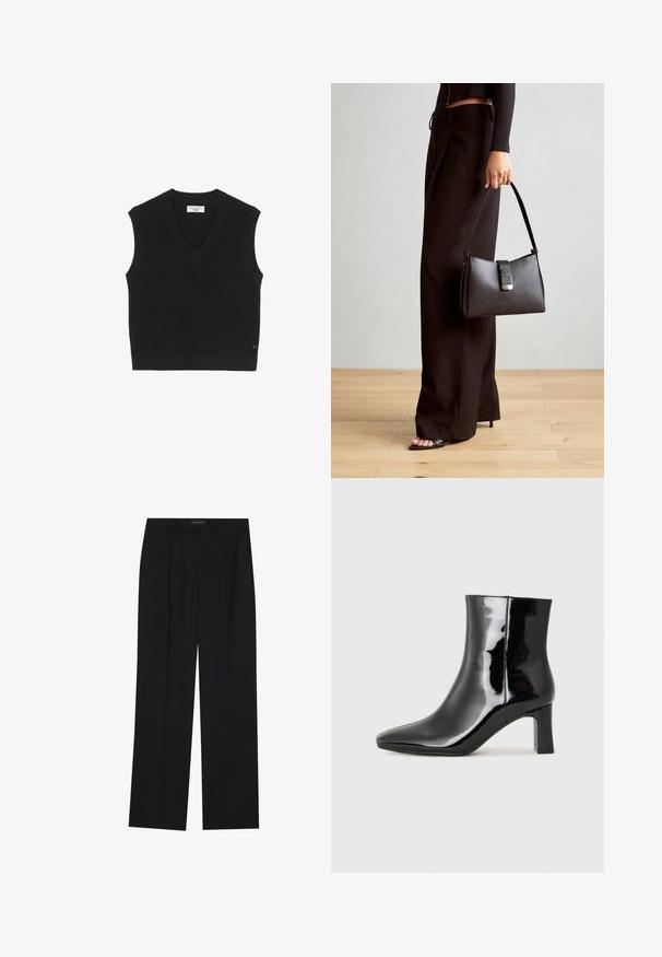 Zwarte gebreide mouwloze top met een geribbelde textuur, V-hals ontwerp en een klein merkembleem aan de voorkant.; Zwarte broeken met een rechte pijpontwerp, voorzien van twee voorkanten zakken en een tailleband. Gemaakt van een gladde, lichte stof.; Zwarte gepolijste leren enkellaars met een spitse neus en een blokhak van gemiddelde hoogte. Glad textuur en minimalistisch ontwerp.; Zwarte handtas met gestructureerde vorm, gladde textuur en een metalen sluiting. Gecombineerd met brede zwarte broeken en sandalen met open teen op een houten vloer.