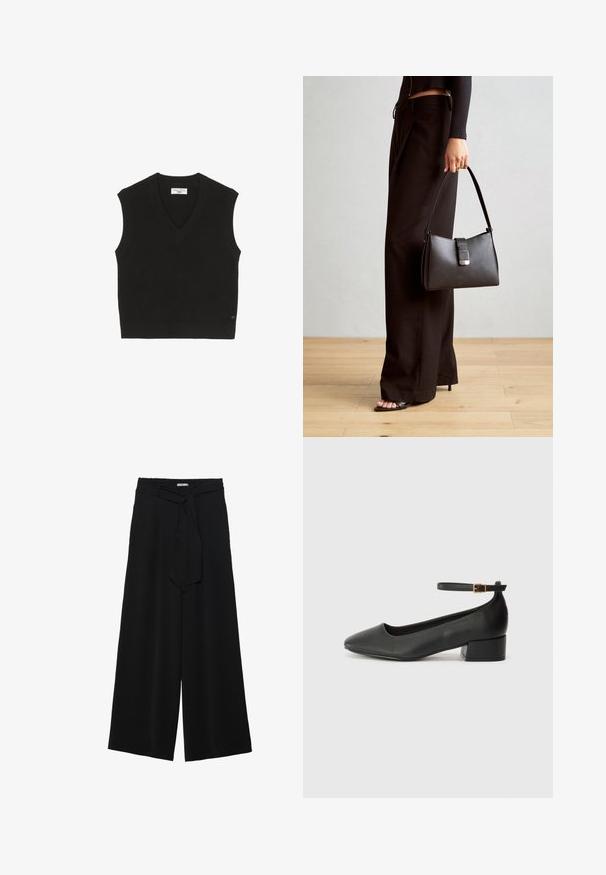 Zwarte gebreide mouwloze top met een geribbelde textuur, V-hals ontwerp en een klein merkembleem aan de voorkant.; Zwarte wijde broek van textuurstof, met een elastische tailleband en een afneembare sjaalstrik in de taille voor een verstelbare pasvorm.; Zwarte leren pump met een spitse neus en een lage blokhak. Beschikt over een enkelband met een goudkleurige gespsluiting. Gladde textuur.; Zwarte handtas met gestructureerde vorm, gladde textuur en een metalen sluiting. Gecombineerd met brede zwarte broeken en sandalen met open teen op een houten vloer.