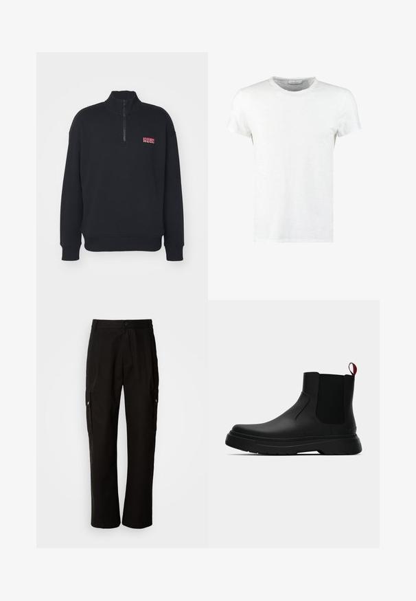 Svart genser med høy krage og kvart glidelås. Har ribbede mansjetter og nederkant, med kontrasterende rød brodert logo på fronten.; Hvit bomull t-skjorte med rund hals og korte ermer, med en fin tekstur og minimalistisk design. Ingen mønstre eller aksenter.; Svart cargobukse laget av bomull med avslappet passform, med sidelommer, knappeåpning og rette ben. Enkelt design uten mønstre.; Sorte ankelstøvler med en glat overflade, elastiske sidepaneler og en kontrastfyldt rød trækflik, med en tykk gummisål og rund tå.