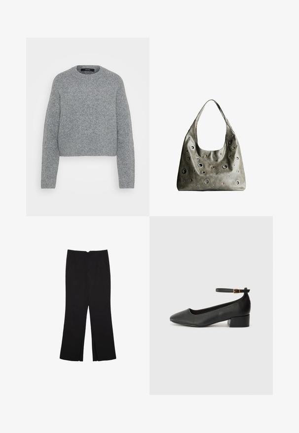 Weicher grauer gestrickter Langarmpullover mit Rundhalsausschnitt und gerippten Bündchen, Saum und Halsausschnitt, vor einem schlichten Hintergrund präsentiert.; Schwarze Hose mit geradem Schnitt, ausgestattet mit Fronttaschen und Seitenschlitzen am Saum. Hergestellt aus weichem, glattem Stoff. Geeignet für verschiedene Anlässe.; Schwarze Lederpumps mit spitzem Zehenbereich und niedrigem Blockabsatz. Mit einem Knöchelriemen und einer goldfarbenen Schnalle. Glatte Textur.; Olivgrünes Lederhandtäschchen mit einem lässigen Design, das verschiedene runde Ausschnitte in unterschiedlichen Größen und Akzente in dunkleren und helleren Farbtönen aufweist.