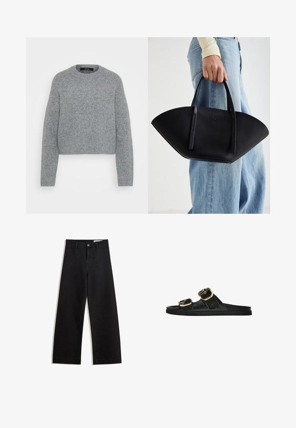 Mjuk grå stickad långärmad tröja med rundad hals och ribbade muddar, fåll och halsringning, visad mot en enfärgad bakgrund.; Svarta vida denimbyxor med hög midja, med fram- och bakfickor, sydda sömmar och knappstängning. Slät textur.; Svart glidsandal med två guldfärgad spännen, slät textur av material, platt sula och en minimalistisk design.; Svart läderhandväska med en unik fläktform, som har platta handtag. Ytan har en pebblad textur och en minimalistisk design.