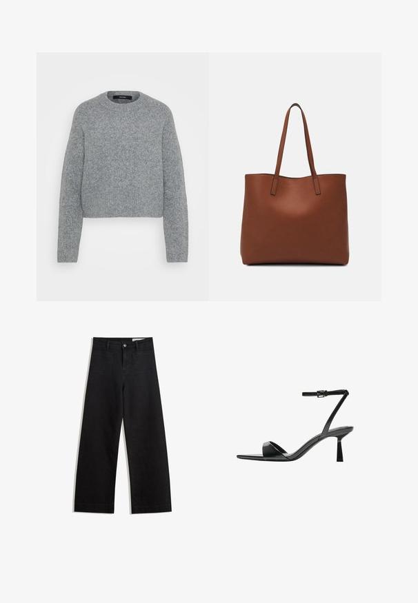 Miękki, szary sweter z długim rękawem i okrągłym dekoltem, z prążkowanymi mankietami, dołem i dekoltem, wyeksponowany na jednolitym tle.; Czarne dżinsowe spodnie o szerokich nogawkach i wysokim stanie, z przednimi i tylnymi kieszeniami, przeszyciami oraz zapięciem na guziki. Gładka struktura.; Bershka - Sandały na obcasie; Brązowa skórzana torba tote o gładkiej fakturze, z otwartym wierzchem i dwoma ramiączkami. Charakteryzuje się minimalnym przeszyciem i brakiem widocznych elementów metalowych.