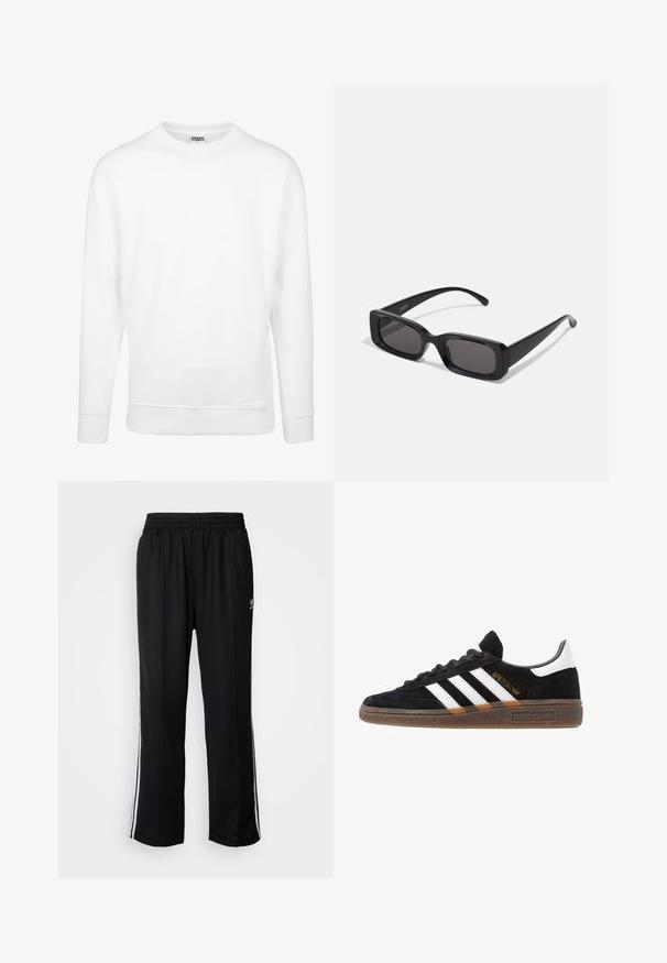 Valge pusakar, mis on valmistatud pehmest kangast. Omab pikki varrukasid, ümmargust kaelust, soonikuid mansettides ja allääris. Lihtne ja minimalistlik disain.; Mustad mustad spordipüksid elastse vöökohaga, millel on valged küljeread ja väike logo. Materjal tundub pehme ja kerge.; Mustad must Adidas'i sneaker valgete triipudega, kuldse "Spezial" tekstiga, kummi tallaga ja valge kontsaga, kujutatud külgvaates.; Mustad mustanäolised prillid tumedate läätsedega, läikiv viimistlus, laiad sangad ja massiivne raami disain. Ühe sanga peal on graveeritud brändi nimi.