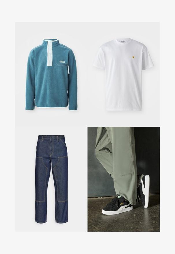 Turkis fleece genser med høy krage, fire knapper foran og glidelås-lomme på brystet. Har hvit kanting langs kragen og ermene.; Hvit bomull t-skjorte med korte ermer, rund hals, med en liten gulllogo på venstre brystområde. Myk tekstur og vanlig passform.; Mørkeblå denimjeans med høy midje, rette ben, kontrasterende sømmer og lommer på forsiden.; Sorte semskede sneakers med hvite gummisåler og sidestiper, sammen med lysegrønne cargo-bukser, står på en teksturert mørk overflate.