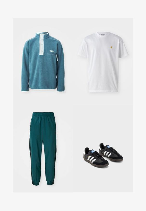 Pullover in pile di colore blu verde con colletto alto, chiusura frontale a quattro bottoni e tasca sul petto con zip. Presenta rifiniture bianche lungo il colletto e le maniche.; T-shirt bianco in cotone con maniche corte, con colletto girocollo, caratterizzato da un piccolo logo dorato sulla parte sinistra del petto. Tessuto morbido e vestibilità regolare.; Pantaloni sportivi turchesi con vita regolabile tramite cordino, polsini elastici e strisce nere laterali. Realizzati in tessuto leggero, presentano un logo vicino all'anca.; Sneakers neri con tomaia in suede e materiale sintetico, caratterizzati da tre strisce bianche, suola in gomma testurizzata e etichetta blu sul linguetta.