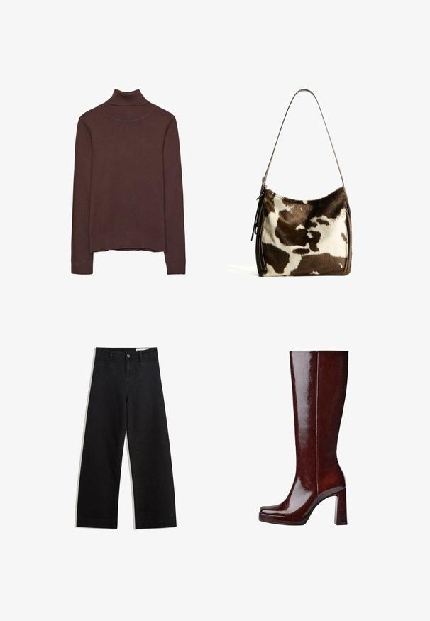 Rjav pulover s turtleneck ovratnikom, narejen iz mehke tkanine, s prilegajočim se krojem, rebrastim ovratnikom in manšetami ter rahlo skrajšanim robom.; Črne široke denim hlače z visokim pasom, ki imajo sprednje in zadnje žepe, šivane šive ter gumbasto zapiranje. Gladka tekstura.; Čizmice iz globoko rdeče usnje, ki segajo do kolen, z kvadratnim nosom, dvignjeno platformo in masivnim blok peto. Gladka tekstura z minimalnim okrasjem.; Rjav in krem torba iz kravjega usnja s gladkim usnjenim trakom, z zadrgo in mehko, strukturo površino, ki prikazuje naravni vzorec.