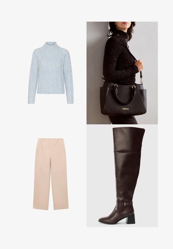 Light blue knitted sweater with a high neckline, featuring textured cable patterns and long sleeves, made from soft, fluffy material.; Beige wide-leg trousers made from smooth fabric, featuring a flat front with belt loops, and no visible patterns or embellishments.; Dark brown knee-high leather boot with block heel and decorative strap detail on side, shown against a plain light background.; Black handbag with textured surface, dual top handles, and adjustable shoulder strap. Features gold-tone hardware and side pockets.