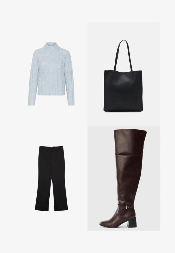 Světle modrý pletený svetr s vysokým límcem, zdobený texturovanými kabelovými vzory a dlouhými rukávy, vyrobený z měkkého, nadýchaného materiálu.; Černé kalhoty s rovným střihem, s předními kapsami a bočními rozparky na lemu. Vyrobené z jemné, hladké tkaniny. Vhodné na různé příležitosti.; Tmavě hnědá kožená vysoká bota po kolena s blokovým podpatkem a dekorativním páskem na boku, umístěná na jednobarevném světlém pozadí.; Černá kožená taška přes rameno s hladkým povrchem, obdélníkovým tvarem a dvěma dlouhými uchy. Žádné viditelné kování ani ozdoby.