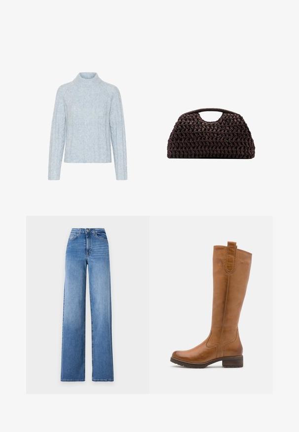 Lichtblauwe gebreide trui met hoge hals, voorzien van getextureerde kabelpatronen en lange mouwen, gemaakt van zacht, pluizig materiaal.; Lichtblauwe wijd uitlopende spijkerbroek van denim, met een hoge taille, voorkruiszakken en een standaard knoopsluiting. Gladde textuur.; Anna Field LEATHER - Laarzen - cognac; Geweven bruin handtas met een ronde silhouet, voorzien van een bovenhandvat en een gestructureerde oppervlakte. Compact ontwerp met een platte basis voor stabiliteit.