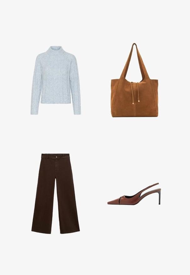 Světle modrý pletený svetr s vysokým límcem, zdobený texturovanými kabelovými vzory a dlouhými rukávy, vyrobený z měkkého, nadýchaného materiálu.; Hnědé kalhoty širokého střihu z bavlněné směsi, s třepicí na lemu, předním zapínáním na knoflík a klasickým designem pěti kapes. Minimalistické a univerzální.; Hnědá kožená slingback obuv na podpatku s špičatou špičkou, výřezem na nártu a elegantním stiletto podpatkem. Hladká textura.; Hnědá semišová taška s dvěma dlouhými popruhy, stahovací šňůrkou a minimalistickým designem. Hladký povrch a žádné viditelné kovové akcenty.