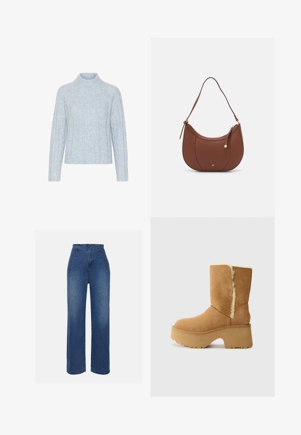 Hele sinine kudumine sviiter kõrge kaelusega, millel on tekstureeritud nöörmustrid ja pikad varrukad, valmistatud pehmest ja karvasest materjalist.; Keskmise sinise värviga kõrge vöökohaga teksad. Omavad esipoolsete nööbiefekte ja laia jala disaini. Kanga tekstuur on sile ja kerge kulumisega.; UGG NEW HEIGHTS CUFF - Talvesaapad - chestnut; Pruun faux nahast õlaline kott, millel on kaarjas kuju, minimaalne õmblemine ja kuldse tooni metallist aksessuaar. Omab ülemist tõmblukku ja reguleeritavat rihma.