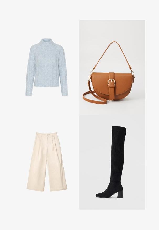 Svetlo modra pletena majica z visokim ovratnikom, z žičnatimi vzorci in dolgimi rokavi, izdelana iz mehkega in puhast materiala.; Bežine široke hlače od meke tkanine s visokim strukom, s pregibom i prednjim dugmetom. Glatka tekstura i krojena forma.; Črne semiš škornje do kolen z blok peto, s koničastim nosom in gladkim, brezšivnim dizajnom na enostavni svetli podlagi.; Rjava usnjena torbica prek telesa s ukrivljeno obliko, zlate opreme in sponko. Ima odstranljiv naramni trak.