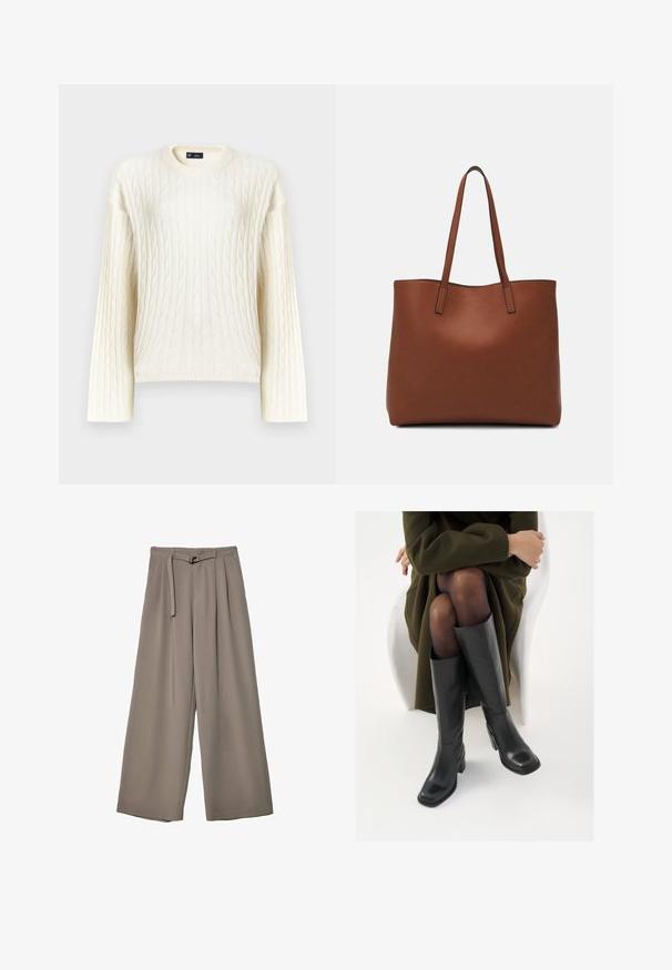 Cremefarbener Pullover mit Zopfmuster, langen Ärmeln, rundem Ausschnitt und einer strukturierten Oberfläche. Hergestellt aus weichem, gewebtem Stoff.; Weite Hose aus einem weichen, gedämpften grauen Stoff, mit einem taillierten Bund und Falten für zusätzliche Design-Details. Glatte Textur, keine Muster.; Knöchelhöhe schwarze Lederstiefel mit quadrater Spitze und Blockabsatz, gezeigt mit einem Modell, das einen olivgrünen Mantel trägt. Glatte Textur, minimale Details.; Braune Leder-Tote mit glatter Textur, offenem Oberteil und zwei Schulterriemen. Verfügt über minimale Nähte und keine sichtbaren Beschläge.