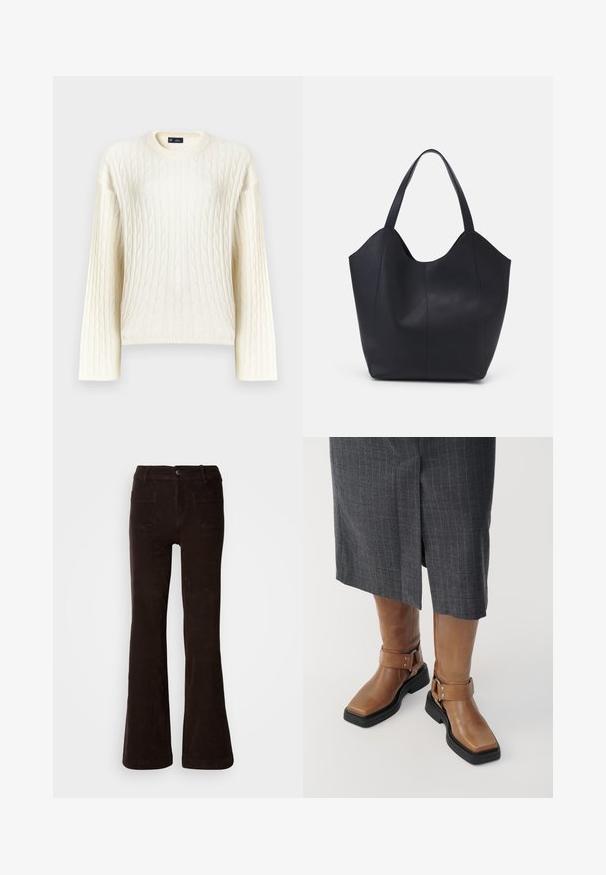 Pulover crem cu model torsadat, mâneci lungi, decolteu rotund și un model texturat. Confecționat dintr-un material moale și țesut.; Pantaloni evazați din catifea de tip cord maro, cu o textură finisată, prevăzuți cu închidere frontală cu nasturi, șlițuri pentru curea și două buzunare în spate.; Botine din piele maro, până la genunchi, cu vârf pătrat, talpă din cauciuc negru și detalii cu curea reglabile. Purtați cu o fustă gri cu dungi.; Geantă de umăr neagră, realizată din piele netedă, cu un design minimalist, având un vârf deschis curbat și două mânere pentru umăr.