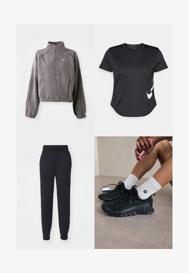 Pull en polaire gris avec une demi-fermeture éclair, doté de poignets et d'un ourlet élastiques, d'une poche frontale et d'un petit logo blanc sur la poitrine gauche.; T-shirt de sport noir à manches courtes, arborant un logo Nike swoosh blanc sur le bas et un ourlet arrondi.; Pantalons de jogging noirs en tissu doux, avec une taille élastique à cordon de serrage, des poches latérales et un logo discret sur la cuisse gauche.; Chaussures de sport noires en tissu texturé, avec un design à lacets et une semelle proéminente, accompagnées de chaussettes blanches à côtes arborant un petit logo.