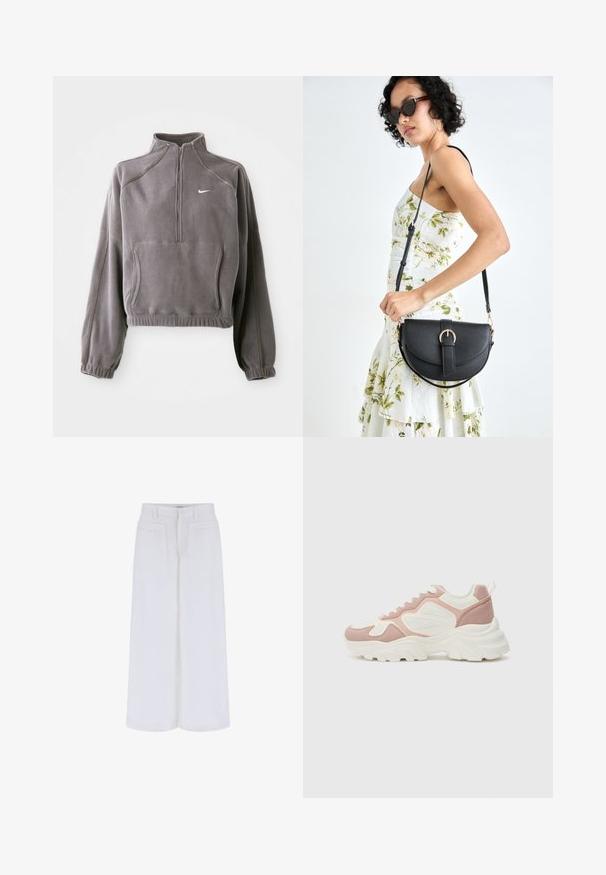 Pull en polaire gris avec une demi-fermeture éclair, doté de poignets et d'un ourlet élastiques, d'une poche frontale et d'un petit logo blanc sur la poitrine gauche.; Pantalons blancs à jambe large avec une texture lisse, dotés de deux poches avant et d'une fermeture à bouton, conçus pour un ajustement décontracté.; Baskets épaisses en rose et blanc ; caractéristiques des panneaux en maille et en suède, des coutures décoratives et une semelle en caoutchouc épaisse avec un motif texturé.; Sac à main en cuir noir avec une forme courbée, bandoulière amovible et des accessoires en or. Le sac est doté d'un rabat avec un détail de boucle.