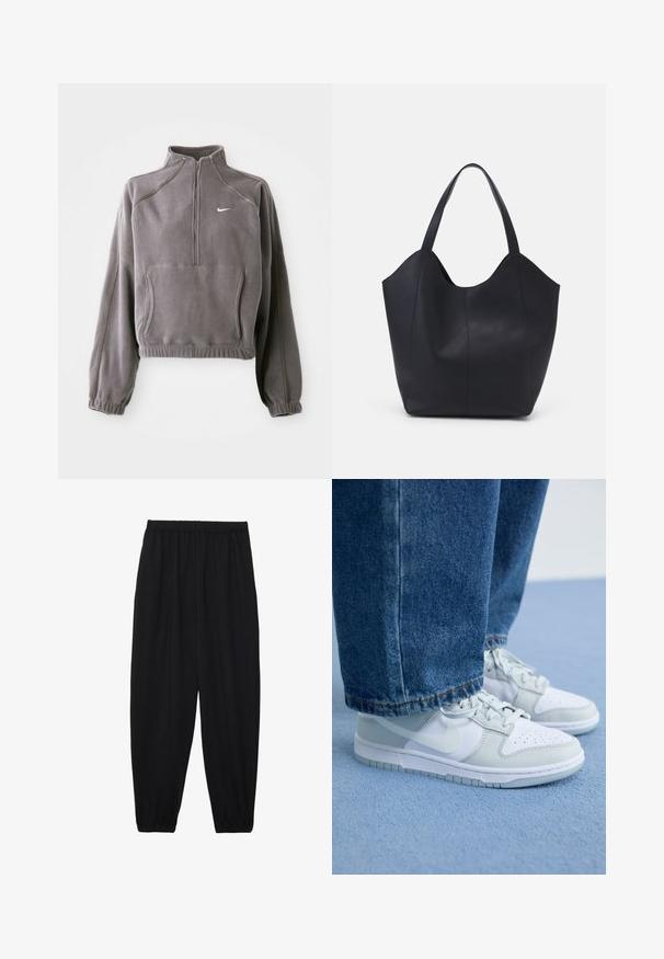 Pilkas vilnos megztinis su ketvirtiniu užtrauktuku, turintis elastingas rankoves ir apatinę dalį, priekinį kišenę ir mažą baltą logotipą kairiajame krūtinės šone.; Juodi, lengvi kelnių su elastinga juosmens juosta ir surinktais kulkšniais. Audinys yra lygus ir turi atsipalaidavusį, siaurėjantį dizainą.; Nike sportbačiai balti ir šviesiai pilki odiniai, su perforuota pirštine, plokščiomis raišteliais ir guminiu padu, derinami su mėlyniais džinsais.; Juodas rankinės maišelis, pagamintas iš lygaus odos, su išlenktu atviru viršumi, dviem petinėmis dirželis ir minimalistiniu dizainu.
