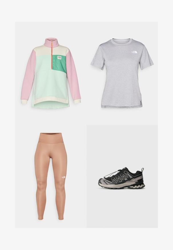 Farvet blokeret pullover sweatshirt i pastel pink, mintgrønt og creme. Har en lynlåset krave og en frontlomme med logodetalje.; Grå kortærmet T-shirt lavet af blødt, fugttransporterende materiale. Har en rund hals og et lille hvidt logo øverst til venstre.; Højtaljede, tætsiddende leggings i en lys brun farve. Lavet af blødt, strækbart materiale med et hvidt logo på venstre lår.; Sort og grå atletiksko med overdel i mesh, gummisål og elastisk snøresystem. Har forstærket tå og teksturerede detaljer.