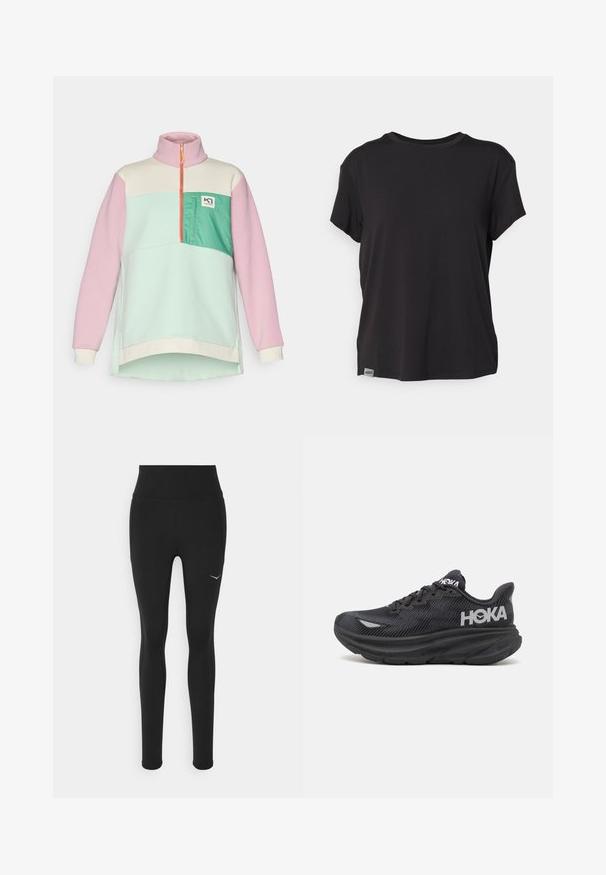 Farbenblockierter Pullover-Sweatshirt in Pastellrosa, Minzgrün und Creme. Mit einem Reißverschlusskragen und einer Vordertasche mit Logodetail.; Schwarzes kurzärmliges T-Shirt aus weichem Stoff, mit einem runden Ausschnitt und einem kleinen Logopfennig am linken unteren Saum.; Schwarze Leggings mit hoher Taille, aus dehnbarem Material gefertigt. Verfügt über ein kleines weißes Logo auf der linken Seite und seitliche Nähte.; Schwarze Sportschuhe mit Netz-Obermaterial, dicke gepolsterte Sohle und auffälligem Logo. Verfügt über Schnürsenkel und strukturierte Muster für besseren Halt.
