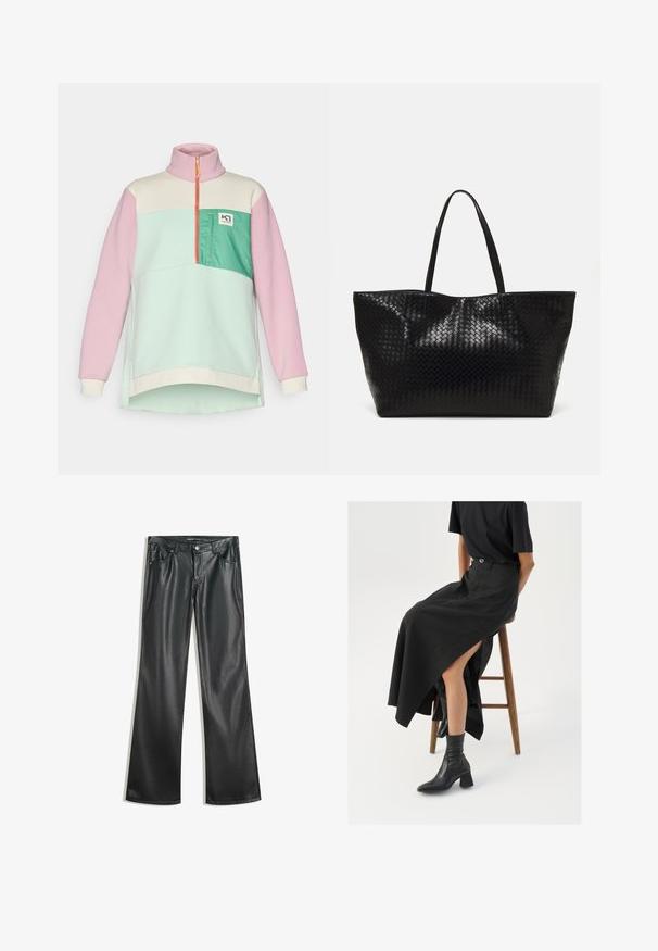 Farbenblockierter Pullover-Sweatshirt in Pastellrosa, Minzgrün und Creme. Mit einem Reißverschlusskragen und einer Vordertasche mit Logodetail.; Schwarze Kunstleder-Hose mit weitem Bein, glatter Textur, Fünf-Taschen-Design, Frontreißverschluss und kontrastierenden Nähten.; Schwarzer Leinen-Maxi-Rock mit hohem Schlitz, getragen mit einem schwarzen T-Shirt und schwarzen Knöchelstiefeln. Minimalistisches Design mit lockerer Passform.; Schwarze geflochtene Tragetasche mit zwei stabilen Griffen, die eine glänzende Textur und ein geräumiges offenes Design bietet.