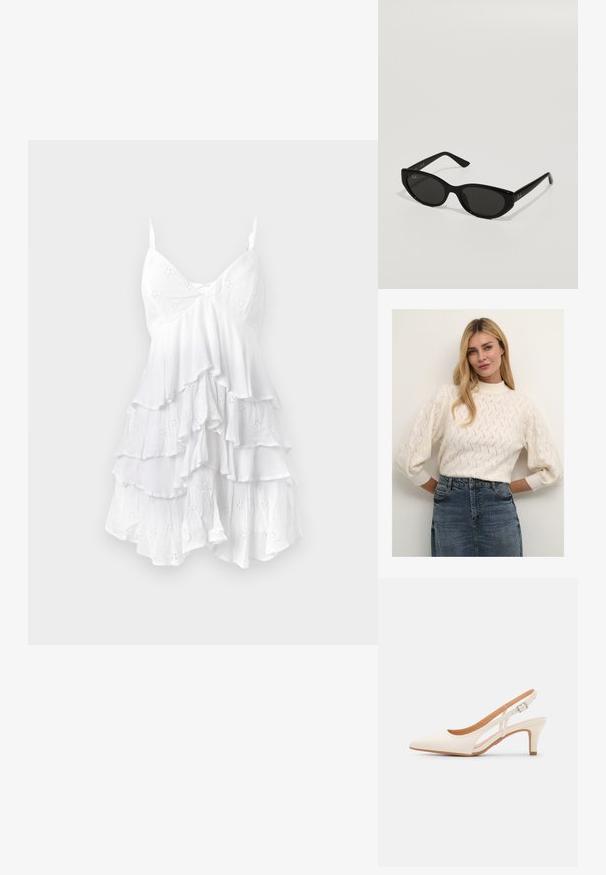 Cremfarbener gestrickter Pullover mit hohem Kragen und voluminösen Ärmeln, der ein strukturiertes Muster aufweist. Kombiniert mit einem Jeansrock.; Weißes ärmelloses Kleid mit gerafften Lagen, aus leichtem Stoff mit Lochmuster und zarter Textur. V-Ausschnitt-Design.; Weiße Slingback-Absätze mit spitzer Zehenpartie, glattem Obermaterial, niedrigem Blockabsatz und seitlichem Ausschnitt-Design mit verstellbarem Schnallenriemen.; Schwarze Sonnenbrille in schmaler Katzenaugenform. Aus glattem Kunststoff gefertigt, mit dunklen Gläsern und dezenten Logo-Akzenten an den Bügeln.; Michael Kors Clutch in beige beschichtetem Canvas mit einem wiederholten MK-Logo-Muster, goldfarbener hardware und einem abnehmbaren Kettenriemen.