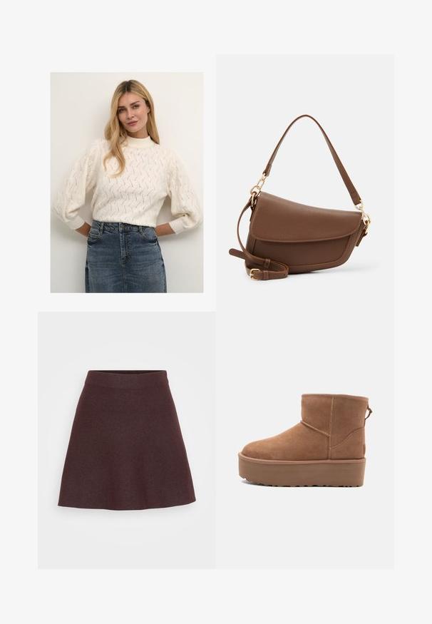 Cremegul strikket trøje med høj hals og puffede ærmer, der har et struktureret mønster. Kombineret med en denimnederdel.; Bordeaux strikskørt med en svajet design, bredtalje og glat tekstur, der har en ensfarvet uden mønstre eller accenter.; Tan ruskinds ankelstøvle med platformssål, rund tå og syninger; har en løkke bagpå for nem påtagning.; Brun læder skuldertaske med en tekstureret overflade, buet form, guldfarvet hardware, justerbar rem og klaplukning.