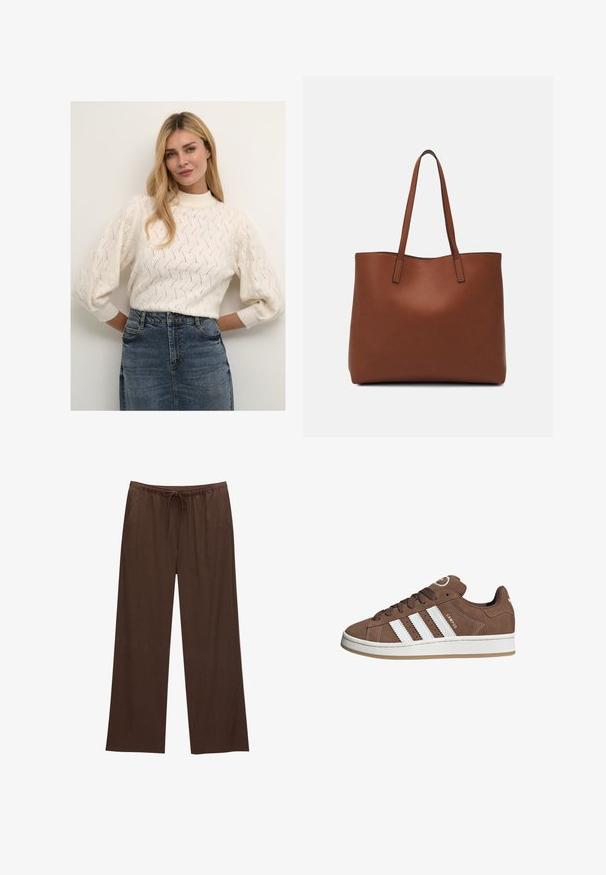Kremowy sweter z dzianiny z wysokim dekoltem i bufkami, z teksturowanym wzorem. W komplecie ze spódnicą dżinsową.; Brązowe spodnie szerokie wykonane z miękkiego materiału, z elastycznym paskiem w talii i sznurkiem, oraz dwiema bocznymi kieszeniami.; Brązowe zamszowe sneakersy z białymi skórzanymi paskami, gumową podeszwą, zaokrąglonym noskiem i sznurowanym przodem. Posiadają logo na języku i perforowane akcenty.; Brązowa skórzana torba tote o gładkiej fakturze, z otwartym wierzchem i dwoma ramiączkami. Charakteryzuje się minimalnym przeszyciem i brakiem widocznych elementów metalowych.