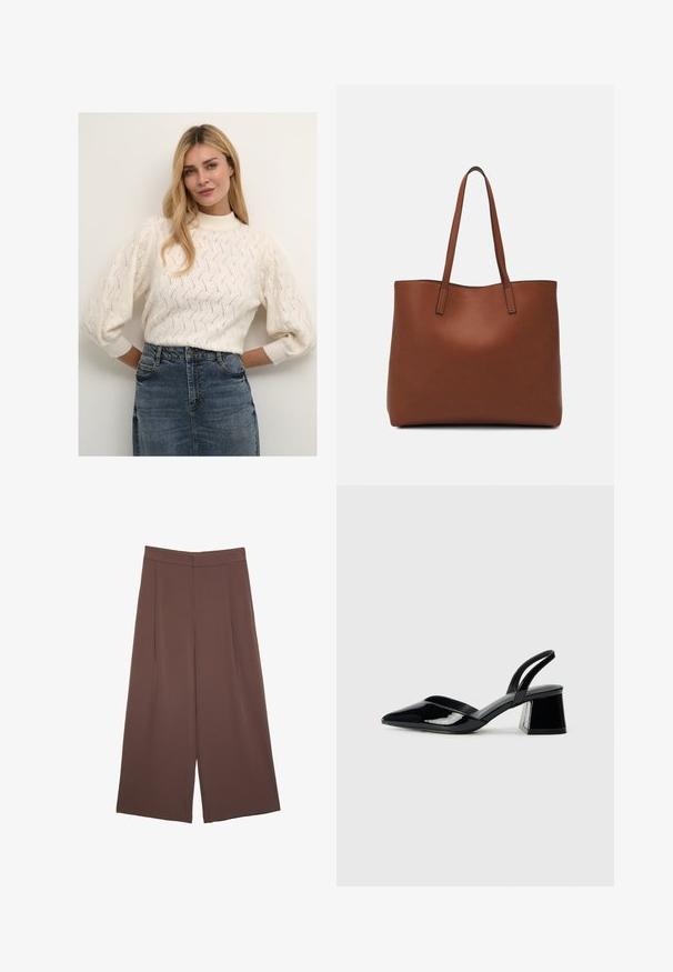 Cream-colored knitted sweater with a high neck and puffed sleeves, featuring a textured pattern. Paired with a denim skirt.; Brown wide-leg trousers with a smooth texture, featuring a high waist and front pleats. The fabric is lightweight and flows loosely.; Black patent leather slingback heels with a pointed toe and a geometric block heel. Features a sleek, minimal design and smooth texture.; Brown leather tote bag with a smooth texture, open top design, and two shoulder straps. Features minimal stitching and no visible hardware.