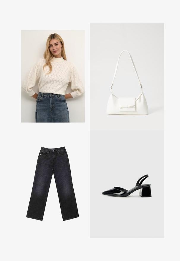 Cream-colored knitted sweater with a high neck and puffed sleeves, featuring a textured pattern. Paired with a denim skirt.; High-waisted black denim jeans with a wide-leg cut, five-pocket design, and visible stitching. Fabric has a smooth, slightly textured finish.; Black patent leather slingback heels with a pointed toe and a geometric block heel. Features a sleek, minimal design and smooth texture.; White synthetic handbag with a triangular shape, flat front flap and bow detail, adjustable strap, smooth texture, and minimalistic design.