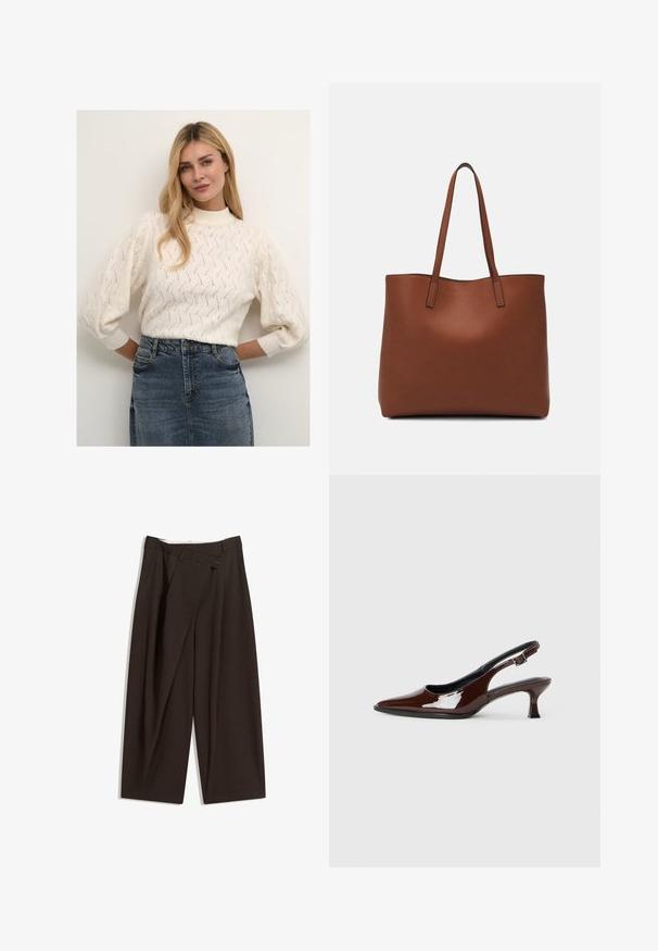 Pulover tricotat de culoare crem, cu guler înalt și mâneci bufante, având un model texturat. Asortat cu o fustă din denim.; Pantaloni largi de culoare maron închis, cu talie înaltă, având închiere cu un singur nasture și un față pliată. Confectionați dintr-un material ușor.; Pantofii slingback din piele patent maro, cu vârful ascuțit și un toc moderat. Prezintă o curea cu prindere pentru o potrivire sigură. Textură netedă.; Geantă de umăr din piele maro cu o textură netedă, design cu vârf deschis și două curele pentru umăr. Prezintă cusături minime și fără componente metalice vizibile.