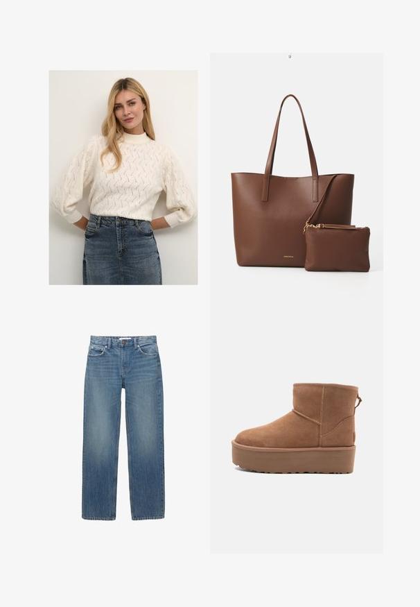 Cremegul strikket trøje med høj hals og puffede ærmer, der har et struktureret mønster. Kombineret med en denimnederdel.; Lysblå denimjeans med lige snit, fem lommer og hardware i kobberfarve. Stoffet har en let falmning og en glat tekstur.; Tan ruskinds ankelstøvle med platformssål, rund tå og syninger; har en løkke bagpå for nem påtagning.; Brun faux læder tote taske med to lange håndtag og en matchende lille pung. Overfladen har et struktureret mønster og guldfarvede hardware detaljer.