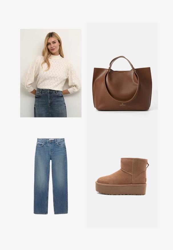 Cream-colored knitted sweater with a high neck and puffed sleeves, featuring a textured pattern. Paired with a denim skirt.; Light blue denim jeans with a straight cut, five pockets, and copper-tone hardware. The fabric has a slight fade and a smooth texture.; Tan suede ankle boot with a platform sole, rounded toe, and stitching accents; features a pull tab at the back for easy wear.; Brown leather tote bag with a smooth texture, large circular handles, featuring minimalistic design and logo embossed at the base.