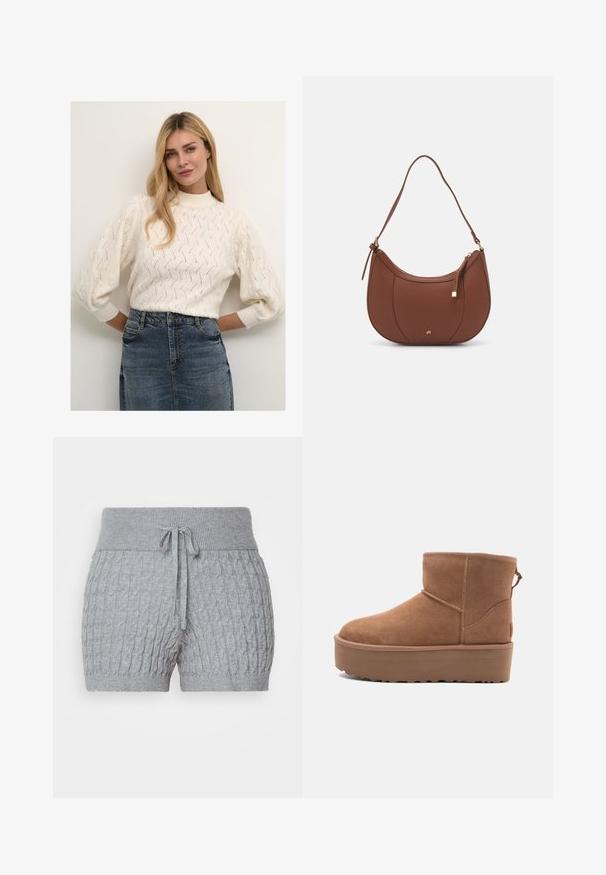 Maglione lavorato a maglia color crema con colletto alto e maniche a palloncino, caratterizzato da un motivo testurizzato. Abbinato a una gonna di jeans.; Pantaloni corti grigi in maglia con un design testurizzato, caratterizzati da una vita a coste e un laccio regolabile. Lunghezza breve, tessuto morbido.; Stivale alla caviglia in suede beige con suola platform, punta rotonda e dettagli di cucitura; presenta un inserto sul retro per una facile calzata.; Borsa a spalla in finta pelle marrone con forma curvata, cuciture minime e un accento in metallo dorato. Presenta una chiusura con zip superiore e una tracolla regolabile.
