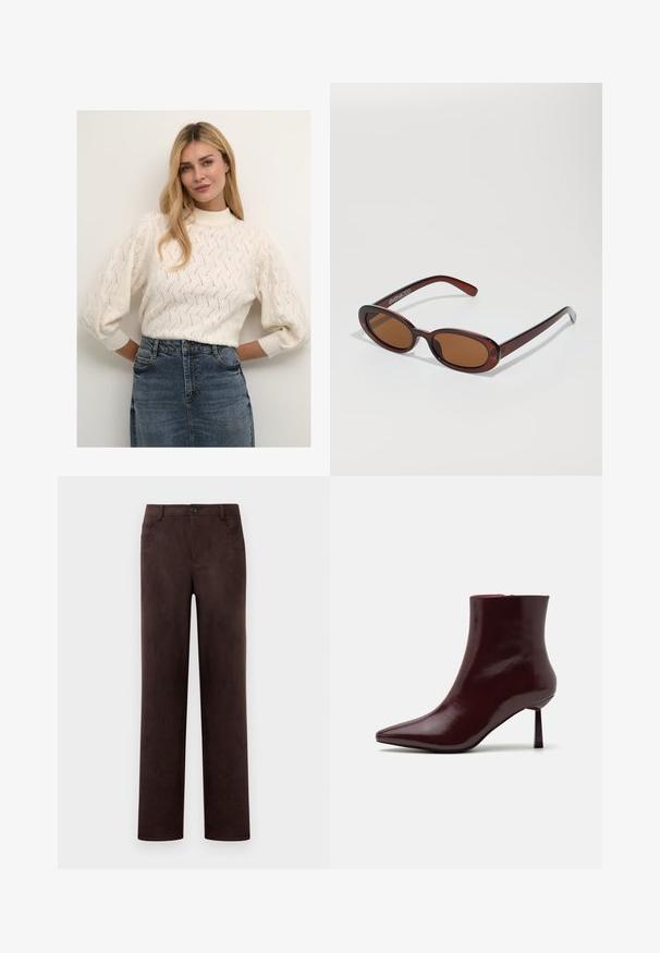 Kremskrāsas adīts džemperis ar augstu kaklu un pūkainām piedurknēm, kuram ir teksturēts raksts. Apvienots ar džinsa svārkiem.; Taisnas kājas tumši brūnas zamšādas bikses ar priekšējo pogu un rāvējslēdzēju, jostas cilpiņām un sānu kabatām.; Burgundijas lakota ādas potīšu zābaciņi ar smailu purngalu un šauru stiletto papēdi, kas izceļas ar gludu, spīdīgu tekstūru un minimālistisku dizainu.; Apaļas, brūnīgi nokrāsotas saulesbrilles ar spīdīgu bordo rāmīti. Šauri kāti ar diskrētu zīmola detaļu. Plakana objektīva dizains.