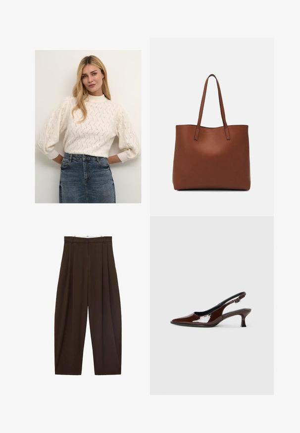 Cremegul strikket trøje med høj hals og puffede ærmer, der har et struktureret mønster. Kombineret med en denimnederdel.; Brune højtaljede bukser med folder, lavet af glat stof. Løs pasform, straight leg design, med bæltestropper og lynlås.; Brun patenteret læder slingback sko med spids tå og en moderat hæl. Har en spænde rem for en sikker pasform. Glat tekstur.; Brun læder tote taske med en glat overflade, åben topdesign og to skulderremme. Har minimal syning og ingen synlig hardware.