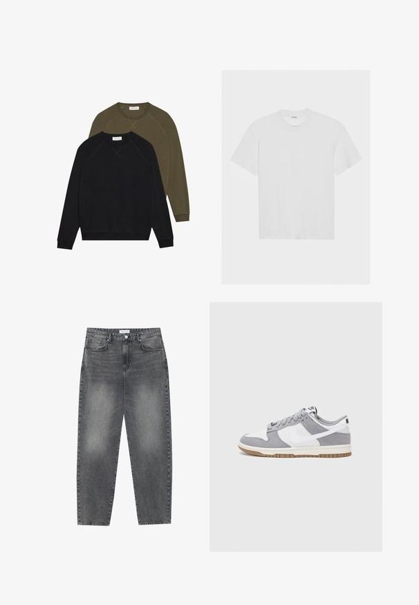 To crewneck gensere, en svart og en olivengrønn, med raglanermer og synlig søm. Myk stofftekstur, uten mønstre.; Hvit bomulls t-skjorte med korte ermer, rund hals og avslappet passform. Glatt tekstur og uten synlige mønstre eller detaljer.; Høyt liv, løstsittende jeans i falmet svart denim. Har fem lommer, beltehemper og et rent, rett ben-design.; Grå og hvite sneakers med overdel i semsket skinn og lær, rund tå, flate lisser, og gummisåle med gummibelegg.