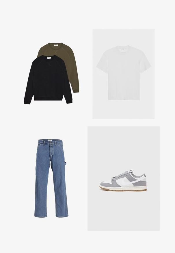 Két kereknyakú pulóver, az egyik fekete, a másik olíva zöld, raglán ujjakkal és látható varratokkal. Puha anyagú textúra, mintázat nélkül.; Fehér pamut póló rövid ujjakkal, kerek nyakkivágással és laza szabással. Simák a textúrája, és nincsenek látható minták vagy díszítések.; Világoskék farmer cargo nadrág, laza fazonnal, több zsebbel, gombos záródással és elfr lágyított szegélyekkel. Textúrált anyag, hétköznapi stílus.; Szürke és fehér sportcipő, velúr és bőr felsőrésszel, kerek orral, lapos fűzőkkel és gumitalppal, amelyen rágógumi színű díszítés található.