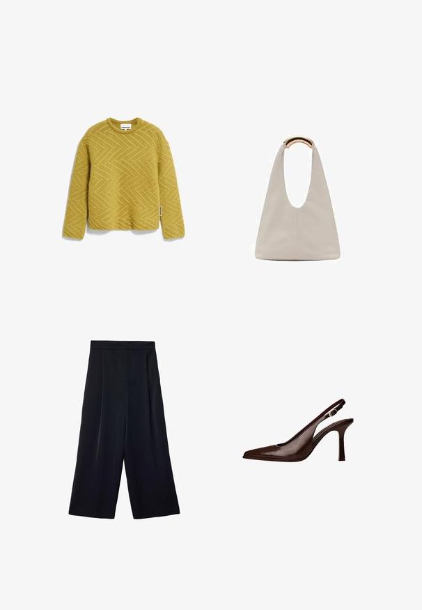 Gul stickad tröja med en strukturerad fiskbensmönster, rundad halsringning och långa ärmar. Etikett synlig på sid söm.; Breda svarta byxor i lättviktsmaterial. Har en plisserad front, hög midja och lös passform kring benen.; Brun läder slingback-pump med spetsig tå och tunn klack. Har en liten accentspänne på remmen och en glänsande yta.; Ljusgrå läderväska med en U-formad design och ett böjt metallhandtag. Slät textur med minimal sömnad och inga synliga mönster.