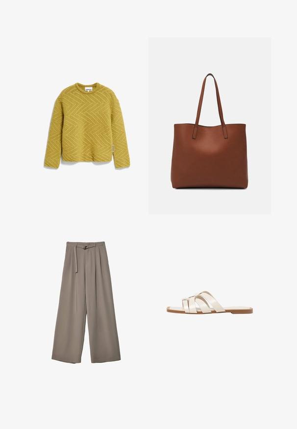 Gelber Strickpullover mit einem strukturierten Fischgrätenmuster, Rundhalsausschnitt und langen Ärmeln. Etikett sichtbar an der Seitennaht.; Weite Hose aus einem weichen, gedämpften grauen Stoff, mit einem taillierten Bund und Falten für zusätzliche Design-Details. Glatte Textur, keine Muster.; Flache Sandalen mit einer honigfarbenen Gummisohle, gestaltet mit drei überlappenden weißen Lederriemen und einem kleinen Schleifendetail in der Mitte.; Braune Leder-Tote mit glatter Textur, offenem Oberteil und zwei Schulterriemen. Verfügt über minimale Nähte und keine sichtbaren Beschläge.