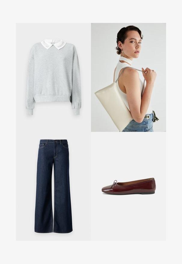 Šedá mikina s bílým límcem a dekorativním prošitím. Dlouhé rukávy s elastickými lemy a uvolněný střih.; Džínsy s širokými nohavicemi v tmavě modré barvě. Mají kontrastní švy, pět kapes a zapínání na knoflík v pase. Hladká textura.; Burgundské lakové baleríny s kulatou špičkou, malou mašlí vpředu a nízkou černou gumovou podrážkou. Hladký povrch.; Bílá obdélníková psaníčko vyrobené z lesklého materiálu, se stříbrným řetízkovým popruhem. Modelka pózuje a předvádí tašku na jednobarevném pozadí.