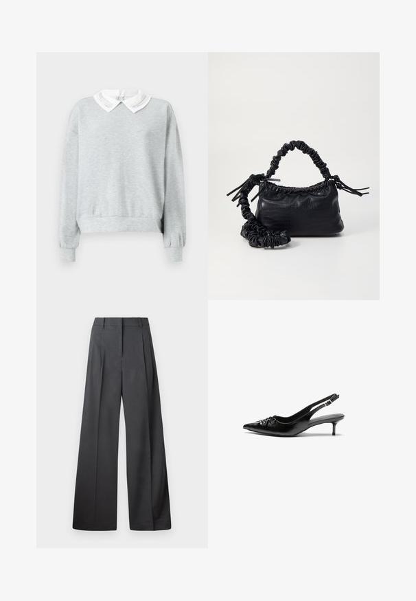 Gray sweatshirt with a white, collared neckline featuring decorative stitching. Long sleeves with elastic cuffs and a relaxed fit.; Wide-leg trousers in dark gray fabric, featuring a high waist, single pleats, and a smooth texture with a clean finish at the hems.; Black leather slingback heels with a pointed toe, low kitten heel, and gathered detail on the vamp. Smooth texture and minimalist design.; Black faux leather handbag with a crocodile texture, cinched top, and a scrunched strap. Appears soft and compact in design.