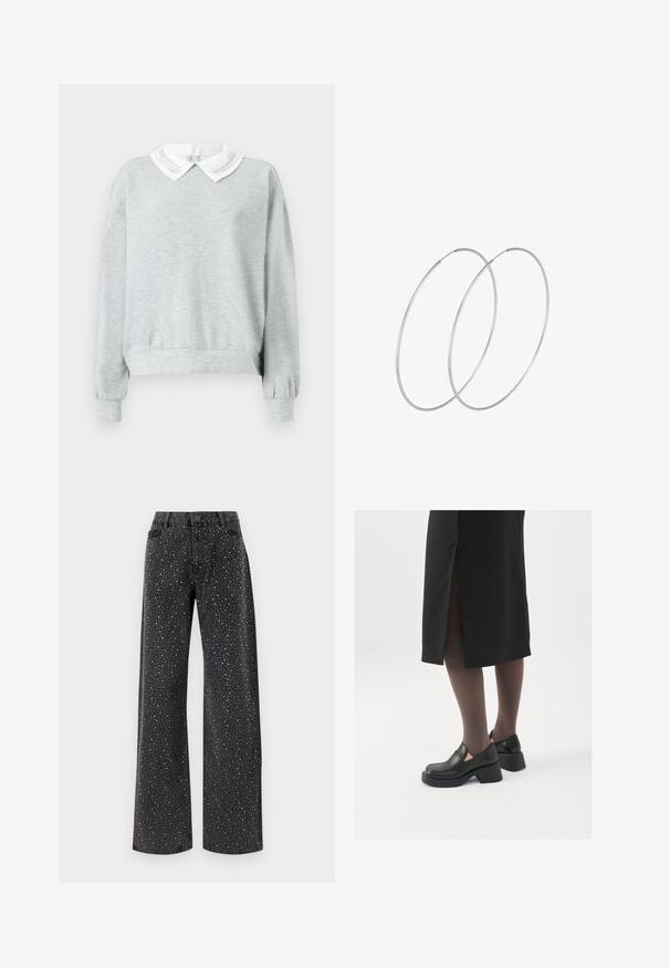 Sudadera gris con un cuello blanco tipo polo que presenta costuras decorativas. Manga larga con puños elásticos y un corte holgado.; Noisy May NMJANNEL LOOSE - Vaqueros boyfriend - black denim; Zapatos de piel negra con punta redondeada, tacón grueso y bloque, y acentos elásticos en los laterales, combinados con unos pantys oscuros y una falda negra con una abertura.; Pendientes de aro plateados con un diseño minimalista. Forma circular, textura suave y perfil delgado. Livianos con un acabado pulido.