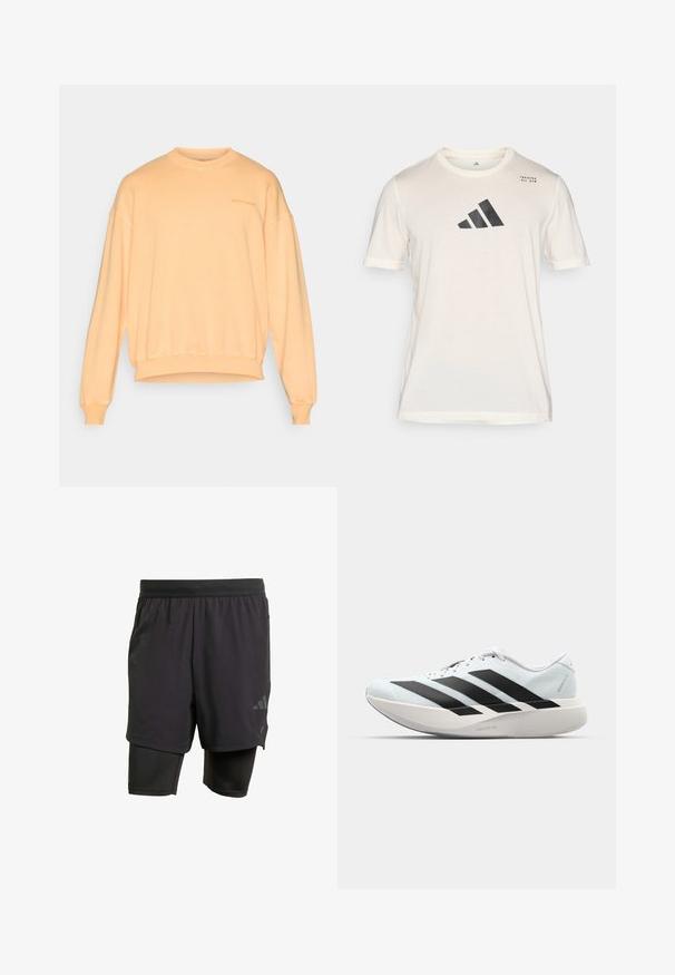 Peedi värvi särk, mis on valmistatud pehmest puuvillast. Omab ümmargust kaelust, langevaid õlgu, soonikkoes mansette ning väikest logo rinnal.; adidas Performance Spordi T-särk - chalk white; Mustavad sportlikud lühikesed püksid integreeritud sisekihiga, valmistatud hingavast kangast. Omab diskreetset logo ja struktureeritud tekstuuri. Reguleeritav vöökoht.; Kerged jooksujalatsid helesinises värvuses mustade triipudega. Omavad siledat pealispinda, ümarat varvase osa ja paksu valget vahemõõtu, millel on silt "LIGHTSTRIKE PRO".