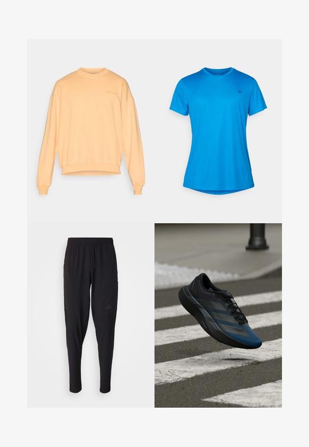 Svetlo breskvasta dukserica napravljena od mekog pamuka. Ima okrugli izrez, spuštene ramena, rebraste manžetne i mali logo na grudima.; Plava kratka majica s kratkim rukavima od lagane, teksturirane tkanine. Ima okrugli izrez i suptilni logo na prsima.; Crne sportske hlače s elastičnim pojasom, suženim dizajnom, bočnim džepovima i suptilnim logotipom. Izrađene od fleksibilne, prozračne tkanine.; Crna i plava sportska cipela sa zakrivljenim dizajnom, teksturiranom gornjom stranom, kontrastnim prugama i jastučićem u potplatu, lebdi iznad pločnika.